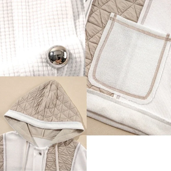 Beige Quilted Textured Patchwork Loose Fit Hooded Jacket - Picture 5 of 8
